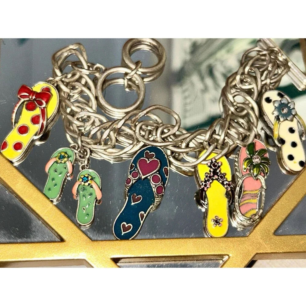 Vintage Charms Silver Bracelet Enamel Flip Flip Sandal Charms Colorful EUC